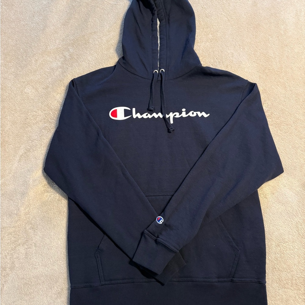 Champion Navy Crewneck Hoodie with White Script Logo